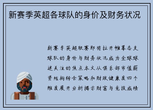 新赛季英超各球队的身价及财务状况